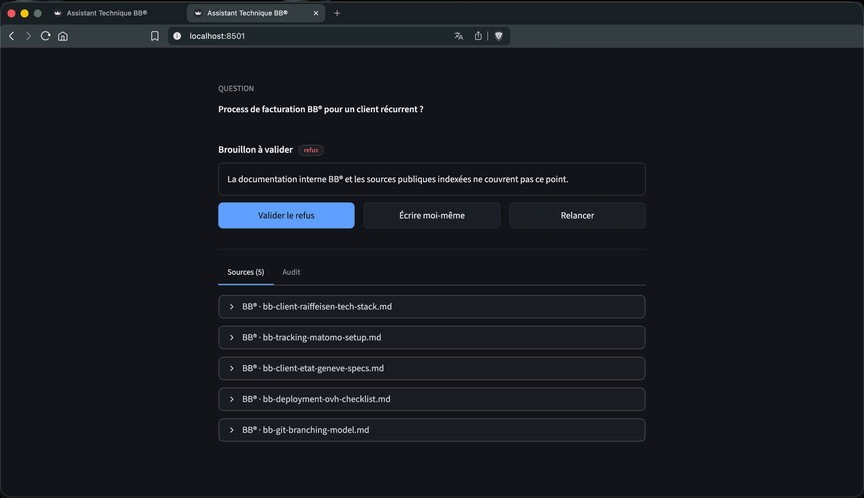 POC Assistant Technique : question hors corpus, brouillon de refus, Valider le refus / Écrire moi-même / Relancer