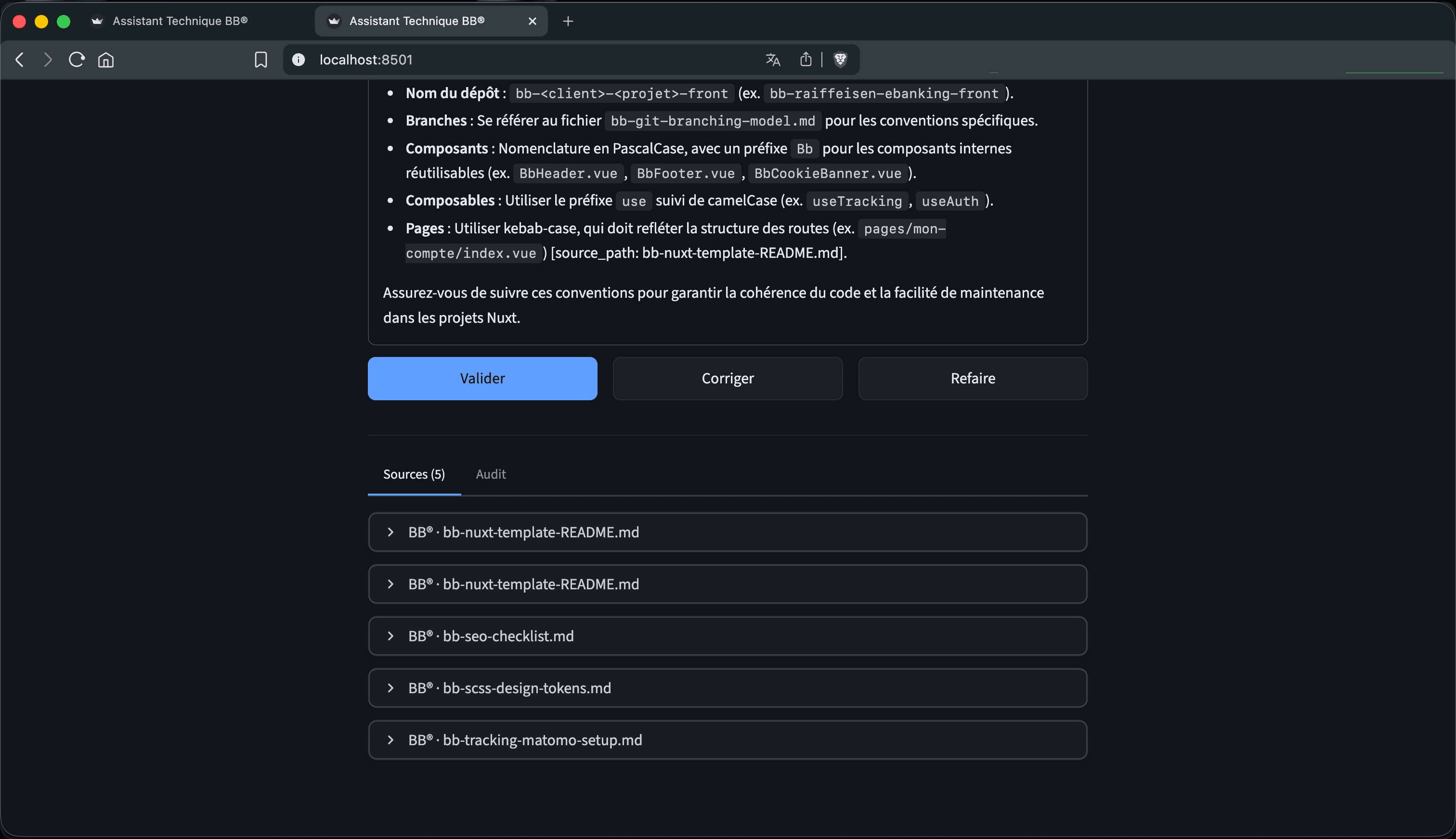 POC Assistant Technique : onglet Sources avec les 5 docs BB® citées