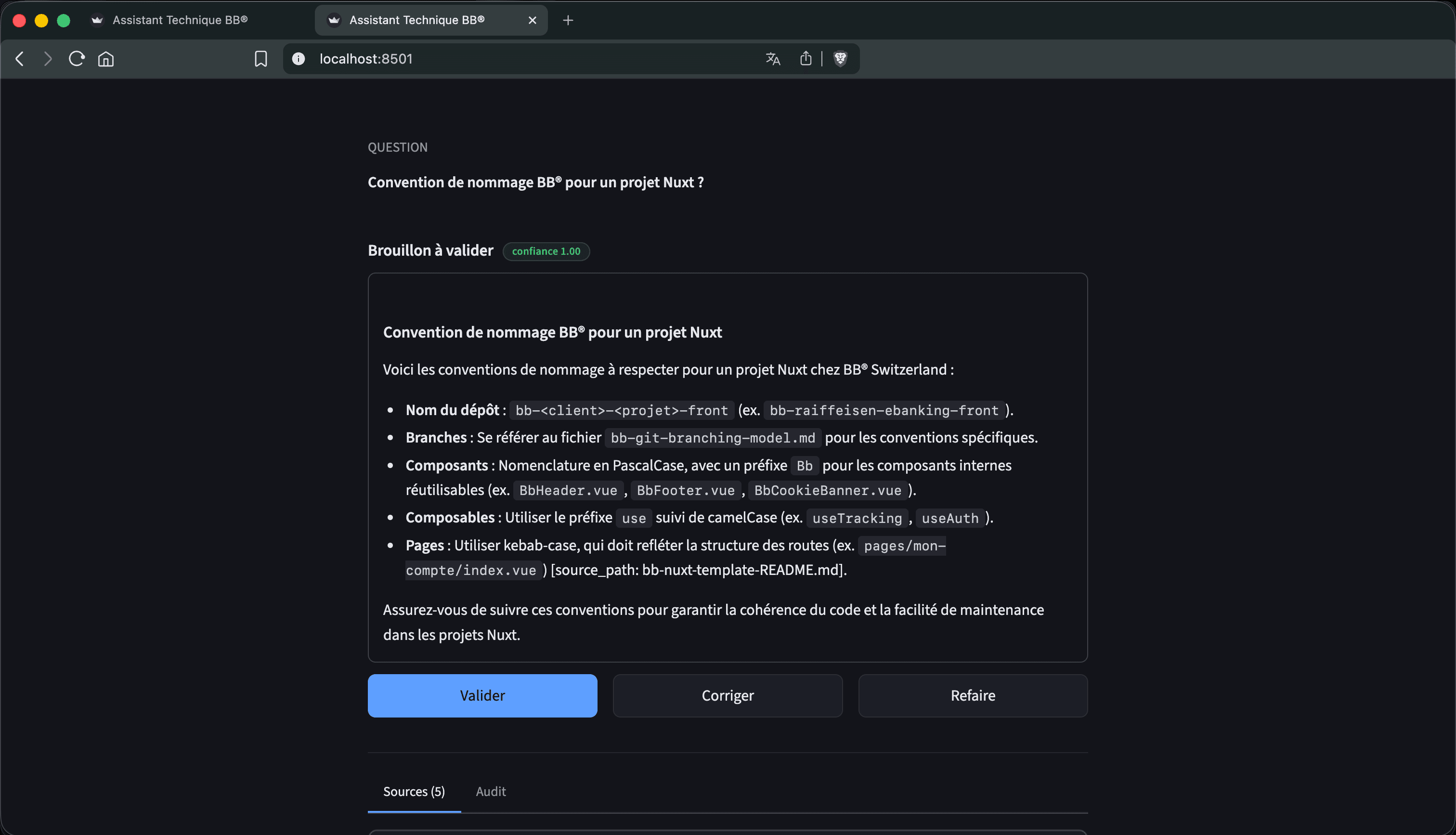 POC Assistant Technique : brouillon à valider, citations sourcées, boutons Valider / Corriger / Refaire